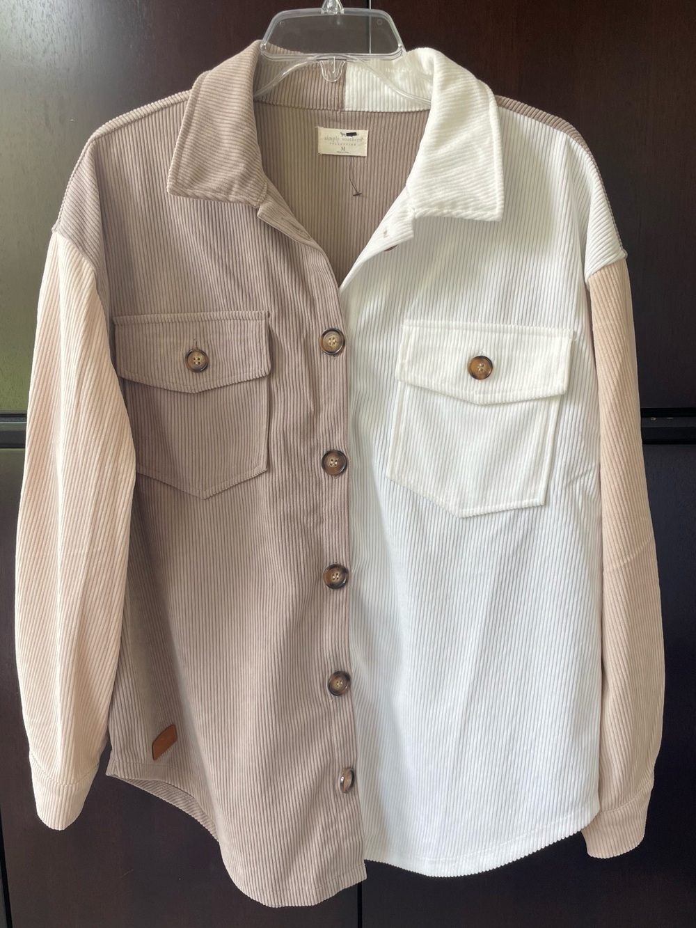 Simply Southern Two-Tone Corduroy Utility Jacket Shacket in Taupe & White